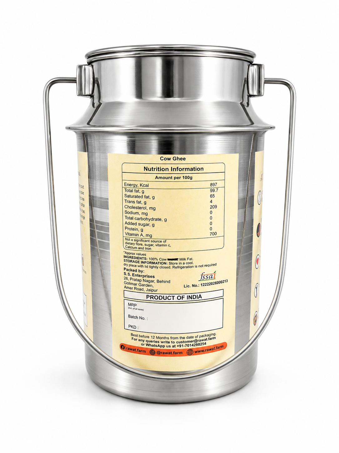 A2 Bilona Cow Ghee 2000ml (2 Litre) - Steel Dolchi